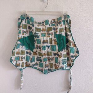 Vintage Waist Apron Handmade Cotton Triangle Pockets Green Car Train Railroad
